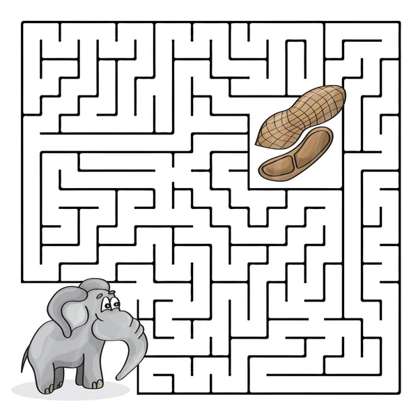 Education Maze or Labyrinth Game for Children with Cute Elephant and Peanuts — Stock Vector