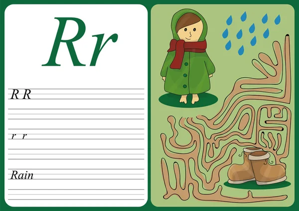 Jogo educativo para aprender caligrafia com nível de jogo fácil para as crianças R - chuva — Vetor de Stock