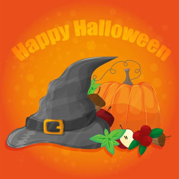 Halloween plakát, banner nebo pozadí. Vektorové ilustrace s dýní a čepice — Stockový vektor