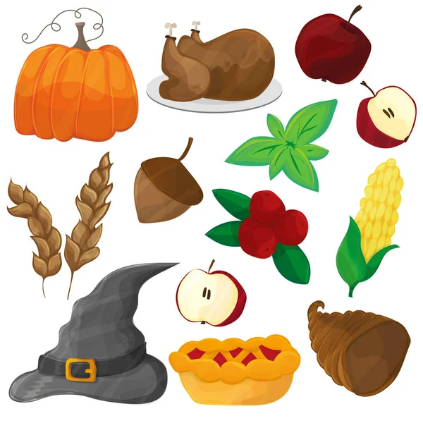 Happy Thanksgiving en halloween cartoon karakter en objecten — Stockvector