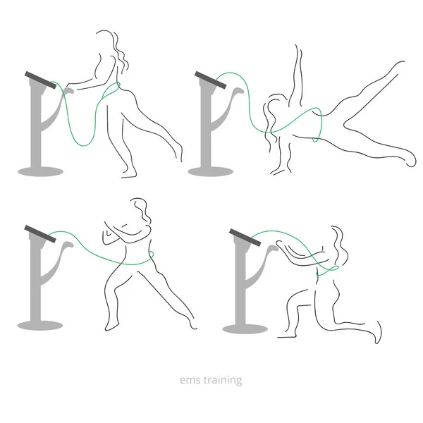 Etapas de entrenamiento Ems - poses. Aptitud estimulante muscular eléctrica — Vector de stock