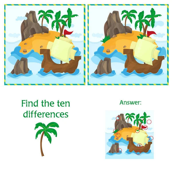 Trova le dieci differenze tra le due immagini con Isola e Nave — Vettoriale Stock