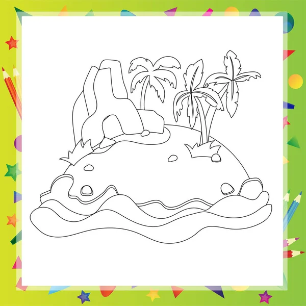 Isla de dibujos animados delineada con palmera y roca — Archivo Imágenes Vectoriales