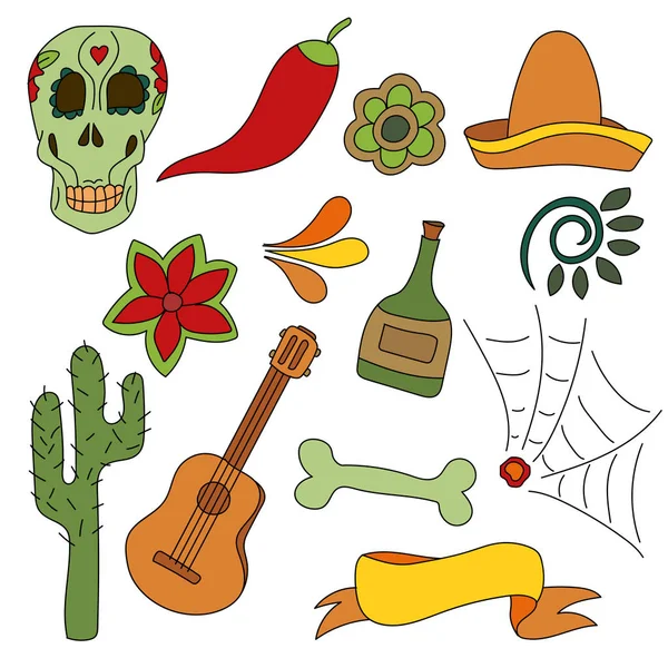 Conjunto dibujado a mano de símbolos mexicanos - guitarra, sombrero, tequila, cráneo — Archivo Imágenes Vectoriales