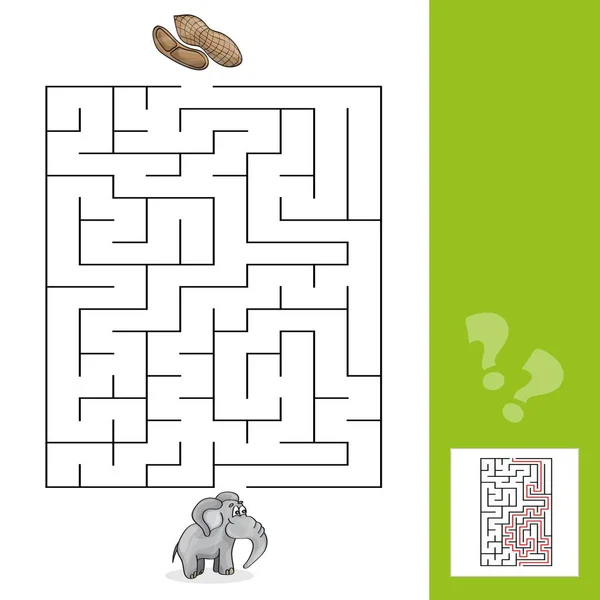 Onderwijs labyrint of labyrint Leisure spel met olifant en pinda's met antwoord — Stockvector