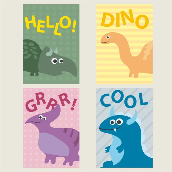 Набор из 4 открыток с динозаврами на день рождения, приглашения, скрапбукинг — стоковый вектор