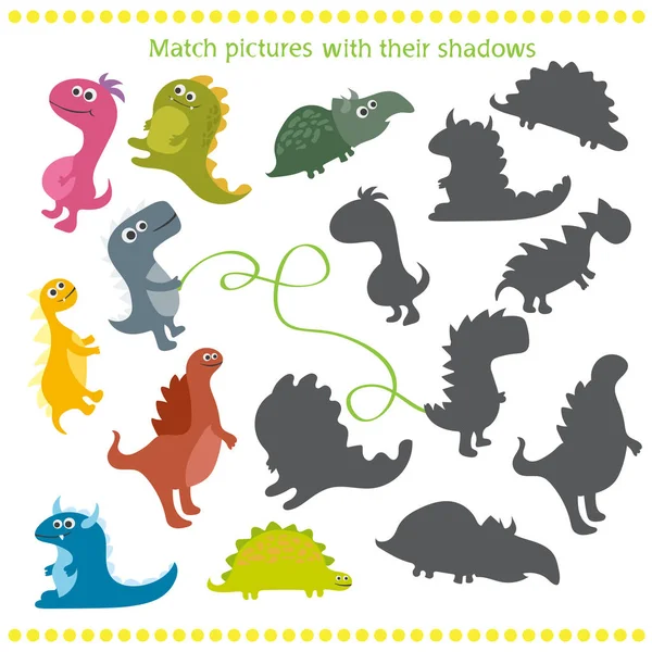 Shadow matching game with cartoon dinosaur for children — Stock Vector