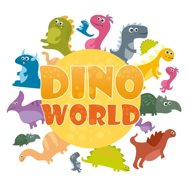 Cartaz do mundo dos dinossauros. Dinossauros de desenhos animados vetoriais — Vetor de Stock