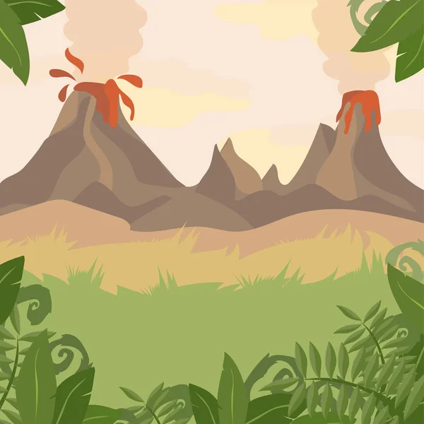 Un paysage forestier avec volcan et plantes de jungle — Image vectorielle