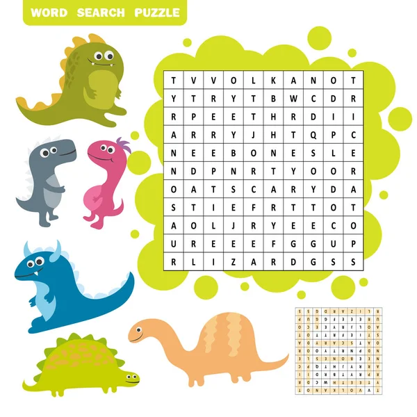 Logica spel voor het leren van Engels. Dino woorden - woord zoeken puzzel vinden — Stockvector