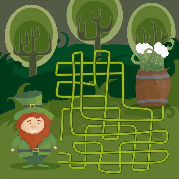 Jeu de labyrinthe pour enfants. Aide leprechaun rouge à trouver son chemin vers la bière verte . — Image vectorielle