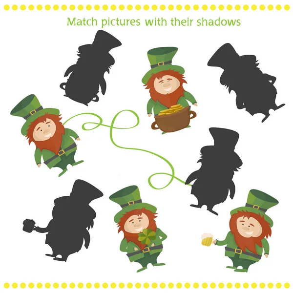 Sombra jogo de correspondência com feliz desenho animado Leprechaun para crianças — Vetor de Stock