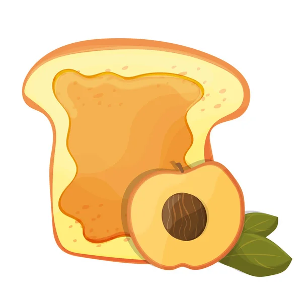 Perzik of abrikoos jam ontbijt toast, vector ochtend maaltijd illustratie voedsel pictogram — Stockvector