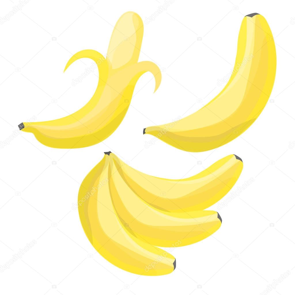 Set of Cartoon Bananas. Single Banana , Peeled Banana, Bunch of Bananas.
