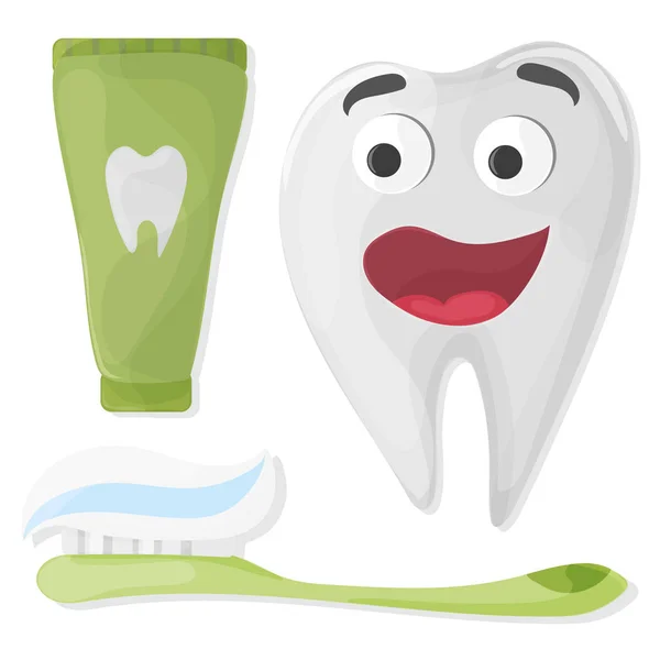 Personaje sano lindo diente de dibujos animados con pasta de dientes y cepillo de dientes — Vector de stock