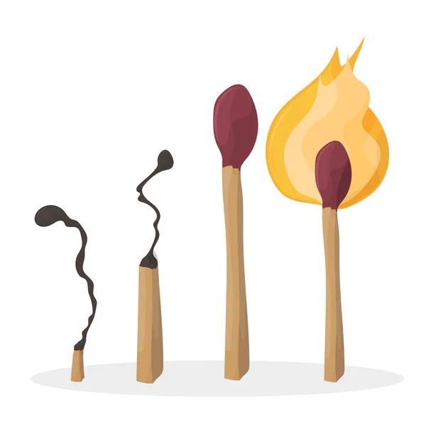 A set of cartoon matches. Burned match. Burning match — Stock Vector