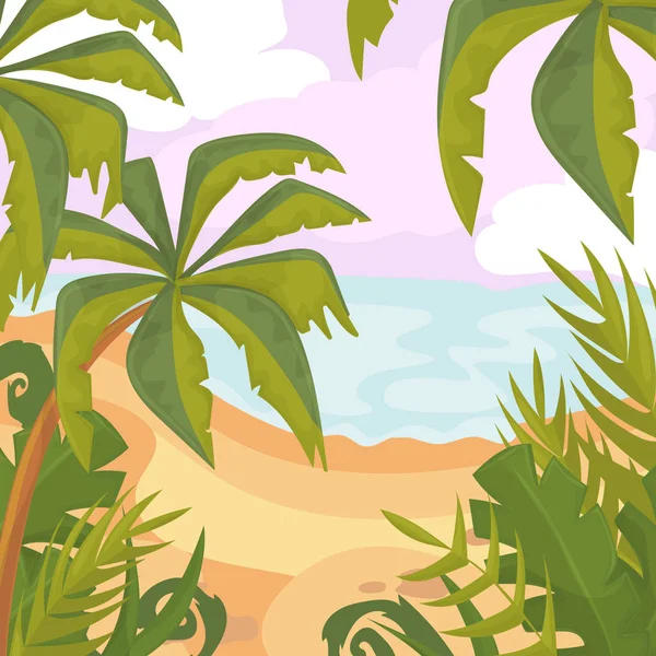 Καλοκαίρι στην παραλία. Παλάμες και τα φυτά. Διάνυσμα κινουμένων σχεδίων. Καλοκαιρινές διακοπές — Διανυσματικό Αρχείο