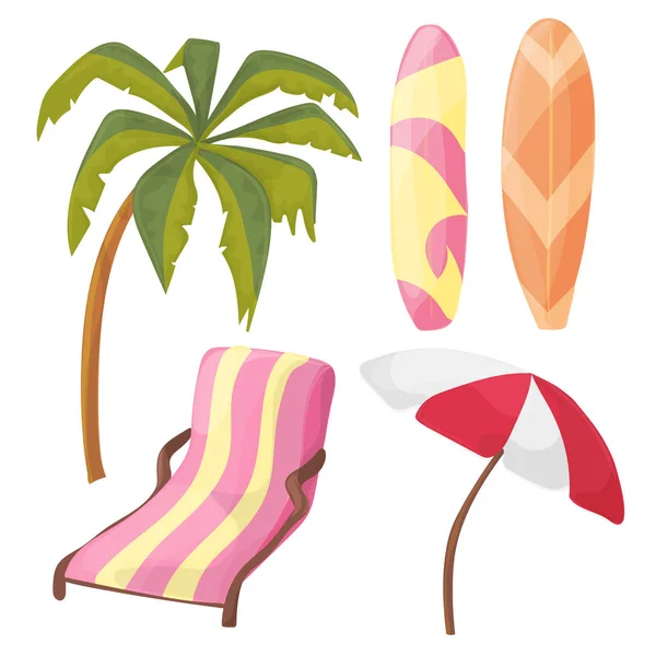 Ensemble d'icônes de plage - équipement de dessin animé - chaise longue, palmier, planche, parasol — Image vectorielle