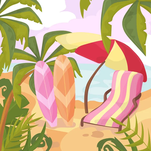 Summertime on the beach. Palms and plants around.Cartoon vector. Summer vacation — Stock Vector