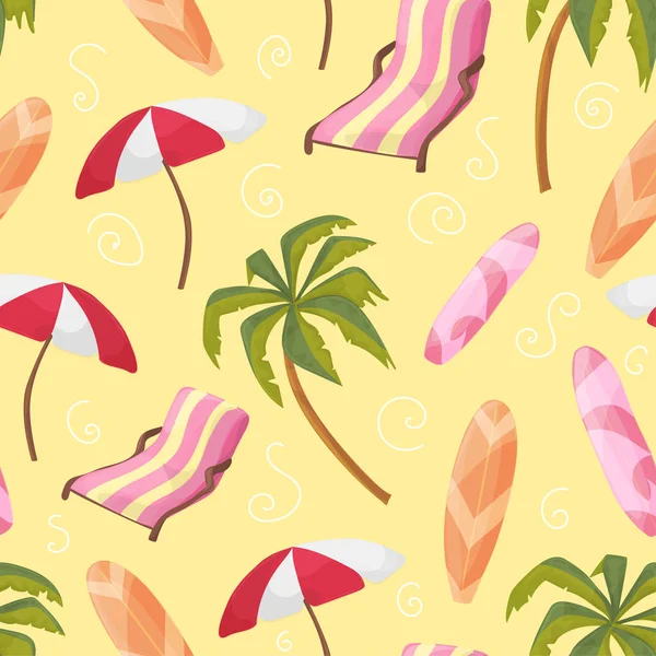 沙滩设备躺椅, 棕榈树, 木板, 雨伞, 无缝图案 — 图库矢量图片