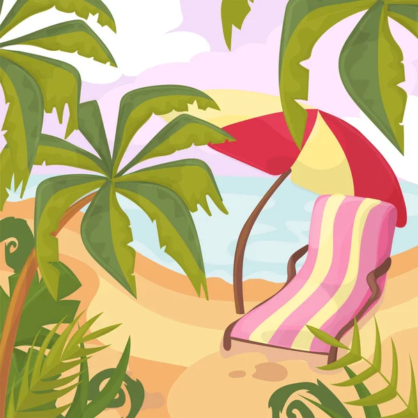 Verano en la playa. Palmeras y plantas alrededor. Vector de dibujos animados. Vacaciones de verano — Archivo Imágenes Vectoriales