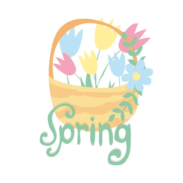 Texto de primavera con flor de tulipán. Ilustración vectorial — Vector de stock