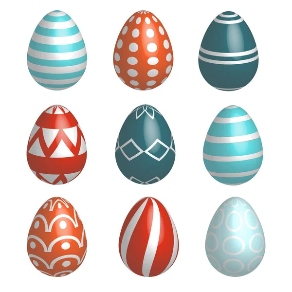 Set of nine realistic colorful vector Easter eggs with simple patterns and shadow on white background — Stock Vector