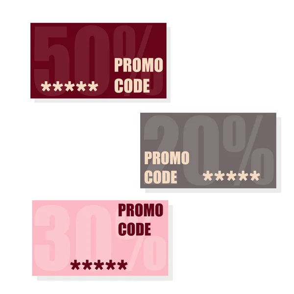 Promo-code, couponcode. Platte vector set van kaarten ontwerp op witte achtergrond. — Stockvector