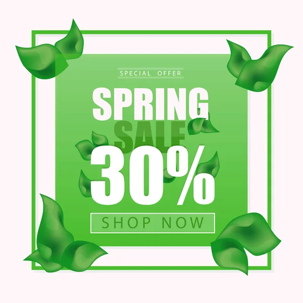 Advertentie - voorjaar verkoop op achtergrond met bladeren. Vector - groen — Stockvector