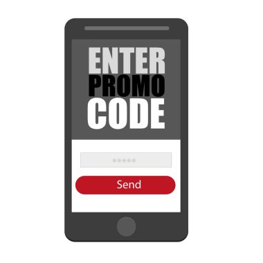 Promosyon kodu girin. Düz vektör akıllı telefon simgesi, sembol, beyaz üzerine tasarlamak