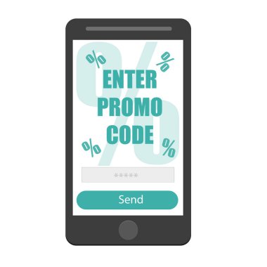 Promosyon kodu girin. Düz vektör akıllı telefon simgesi, sembol, beyaz üzerine tasarlamak