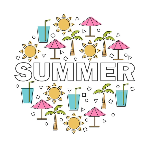 Vector summer lettering with linear icons and signs travel and vacation concept — Stock Vector