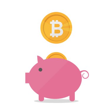 Domuz para kutusu düşen bitcoins. Vektör düz afiş tasarım