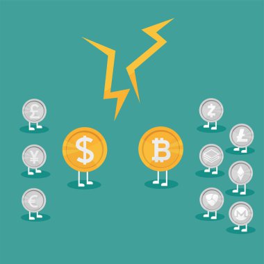 Gerçek para vs Bitcoin sanal para. Kripto para birimi büyüyen kavramı. İş