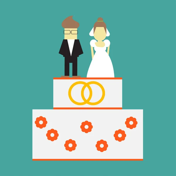 Torta nuziale con anelli e toppers biglietto di auguri vettoriale sposa e sposo — Vettoriale Stock