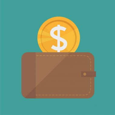 Vektör cüzdan ve altın sikke simge - düz tasarım stili