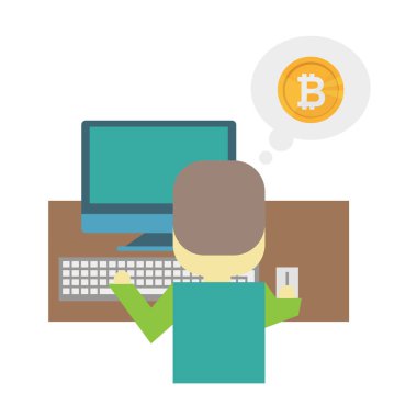 Düz illüstrasyon - araştırma bitcoin karikatür. Bir genç adam inek masa başında oturur