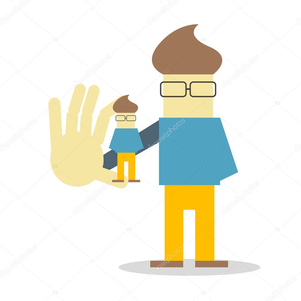 Self presentation. Young character holding his 3D model on palm flat editable