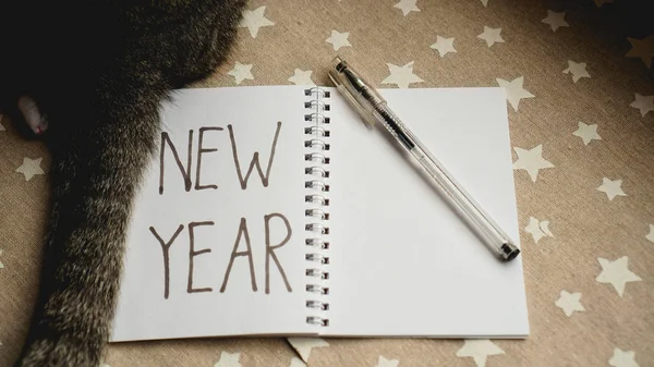 Notebook with pen to write goals of new year - with cat — Stock Photo, Image