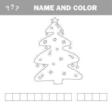 Boyama kitabı veya sayfa, illüstrasyon. Noel ağacı süslemeler ve hediyelerle