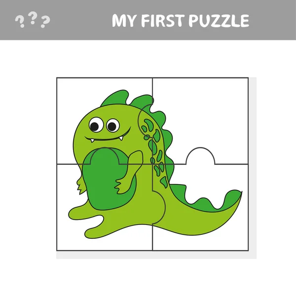 Lindo juego de puzzle. Ilustración vectorial del juego de puzzle con feliz dino de dibujos animados — Archivo Imágenes Vectoriales