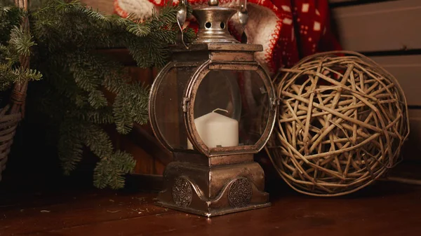 Christmas lantern on old wooden background — Stock Photo, Image
