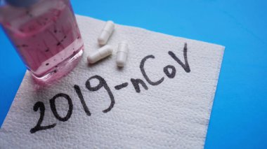 Coronavirus in China. New coronavirus 2019-nCoV. Napkin, antiseptic and pills