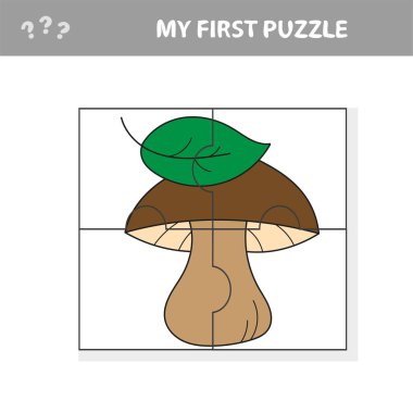 Cartoon white mushroom with leaves. Paper game My first puzzle for children