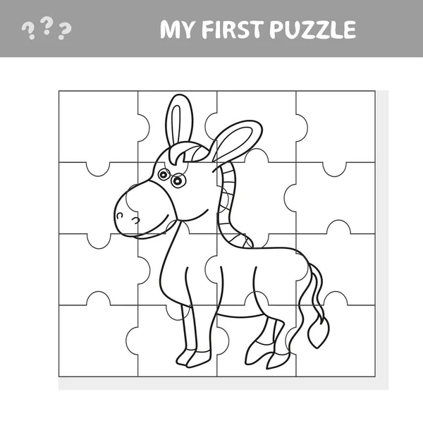 Cartoon Puzzle Game per bambini in età prescolare con divertente asino fattoria animale — Vettoriale Stock