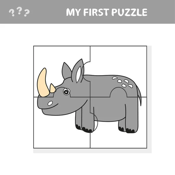 Educazione Puzzle Game per bambini in età prescolare con Rinoceronte divertente o rinoceronte — Vettoriale Stock
