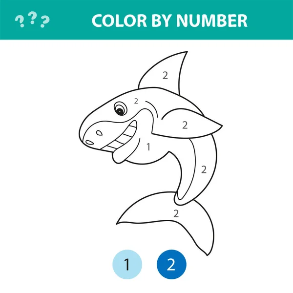 Números para colorear página. Lindo tiburón de dibujos animados. Juego educativo para niños preescolares — Archivo Imágenes Vectoriales