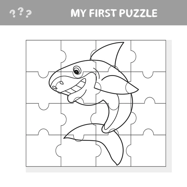 Juegos de rompecabezas de educación de dibujos animados para niños preescolares con tiburón divertido — Archivo Imágenes Vectoriales