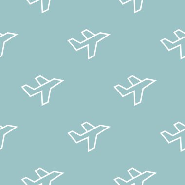 Beyaz çizgi düzlem simgesi - mavi arkaplanda kusursuz desen. Uçan simge