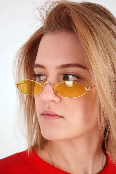 Vertical portrait - girl in yellow glasses — Stock Photo, Image